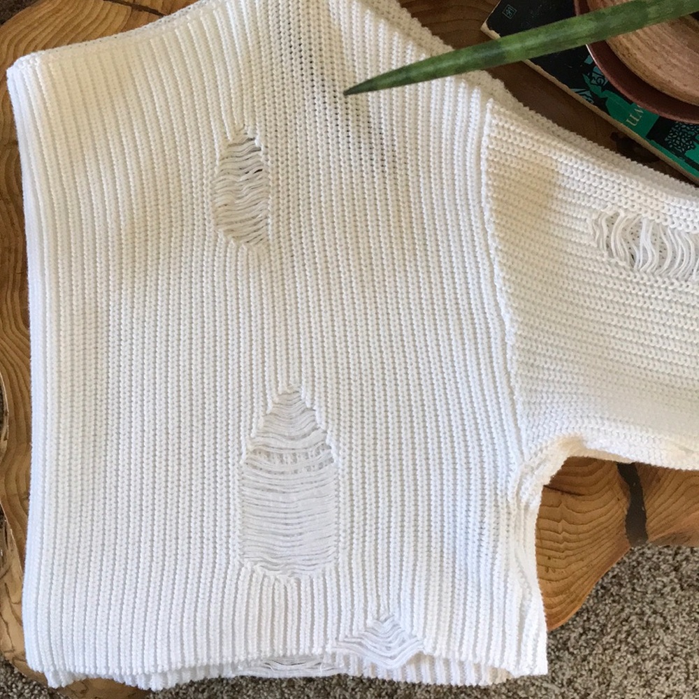 White F21 distressed off-shoulder cropped sweater